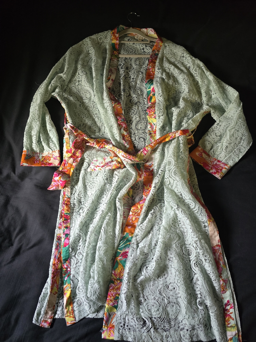 POL Mint Lace Kimono Robe with Tropical Floral Trim